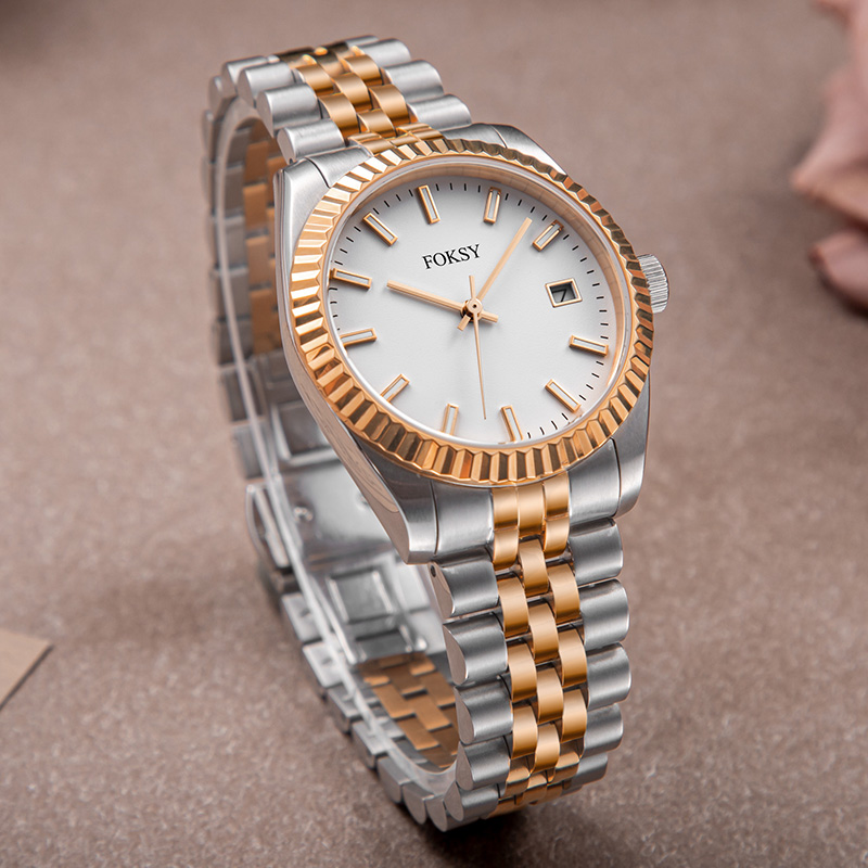 Custom Women Watch Quartz Watch Stainless Steel Fluted Bezel 5ATM Waterproof Date Display Fashion Leisure 582-7-1049