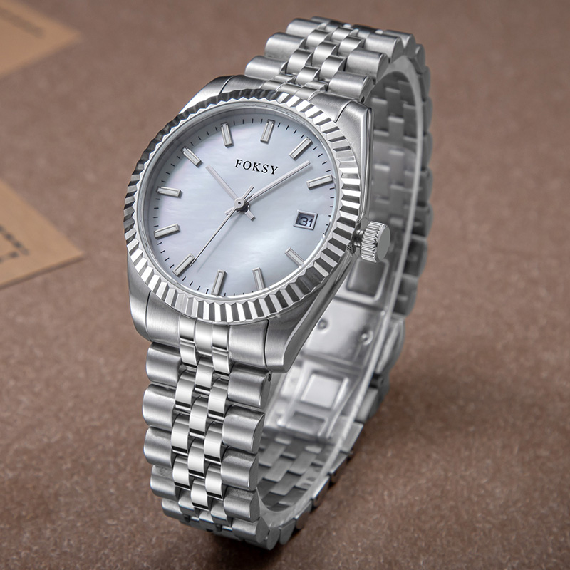 Custom Women Watch Quartz Watch Stainless Steel Fluted Bezel 5ATM Waterproof Date Display Fashion Leisure 582-7-1049