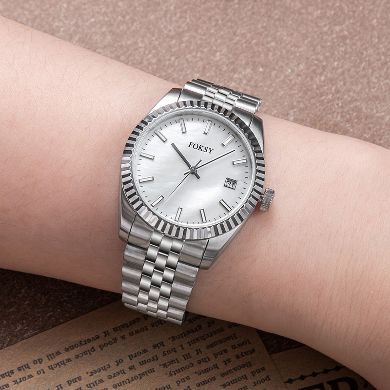 Custom Women Watch Quartz Watch Stainless Steel Fluted Bezel 5ATM Waterproof Date Display Fashion Leisure 582-7-1049