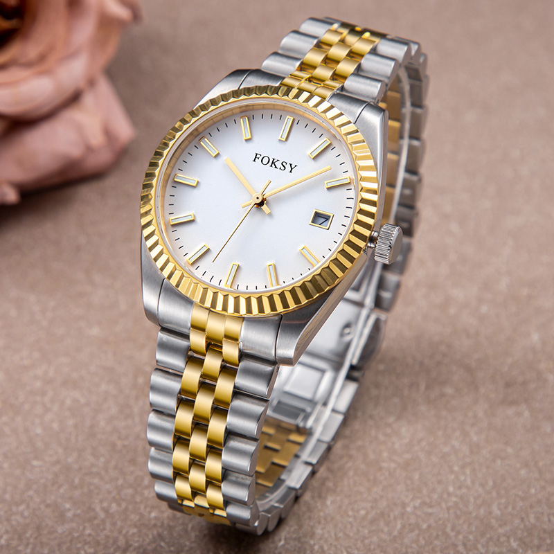 Custom Women Watch Quartz Watch Stainless Steel Fluted Bezel 5ATM Waterproof Date Display Fashion Leisure 582-7-1049