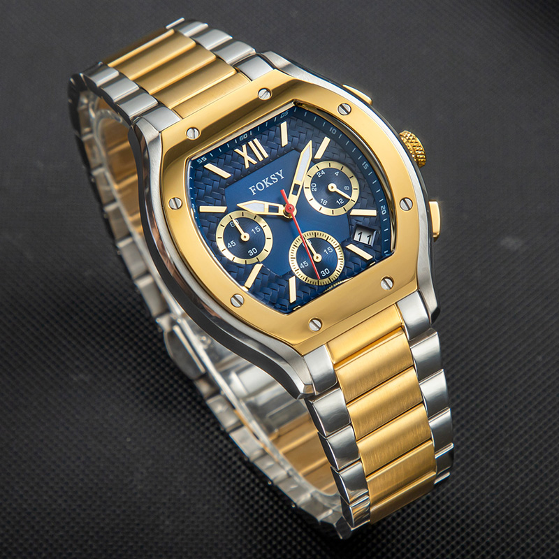 FOKSY Men Quartz Watch Luxury Stainless Steel Barrel Case Chronograph Business Wristwatch 679-7-1001