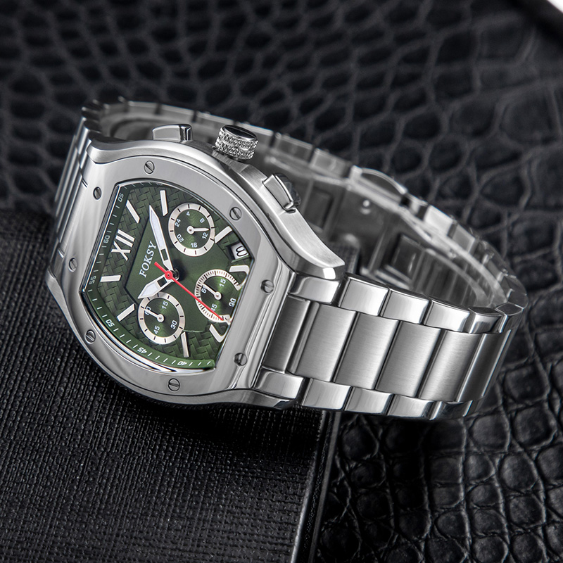 FOKSY Men Quartz Watch Luxury Stainless Steel Barrel Case Chronograph Business Wristwatch 679-7-1001
