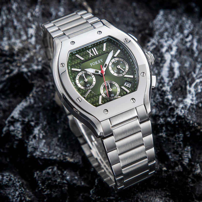 FOKSY Men Quartz Watch Luxury Stainless Steel Barrel Case Chronograph Business Wristwatch 679-7-1001