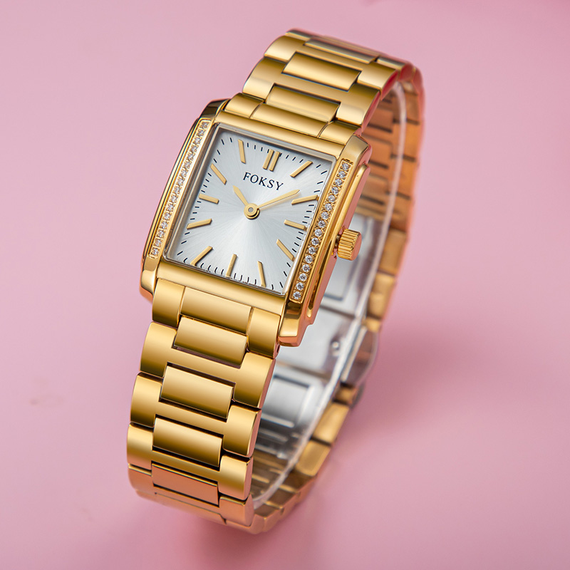 Women Square Quartz Watch with Crystal-Encrusted Bezel Casual Wristwatch for Ladies 698-7-1003
