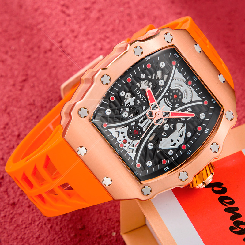 Tonneau Skeleton Automatic Mechanical Watch with Soft Silicone Strap 601-6-1005