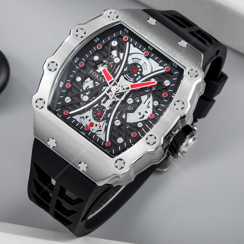 Tonneau Skeleton Automatic Mechanical Watch with Soft Silicone Strap 601-6-1005