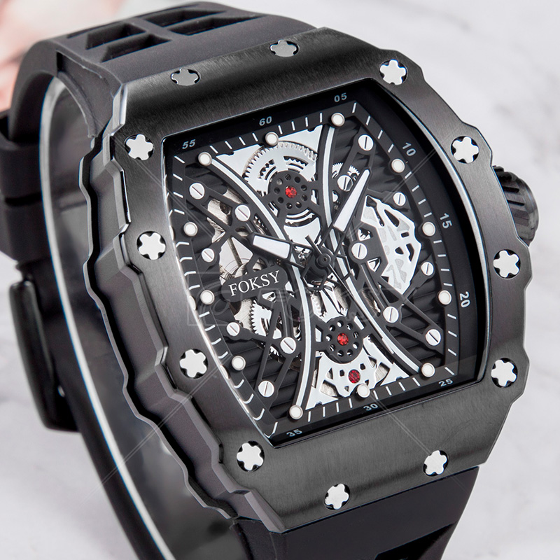 Tonneau Skeleton Automatic Mechanical Watch with Soft Silicone Strap 601-6-1005