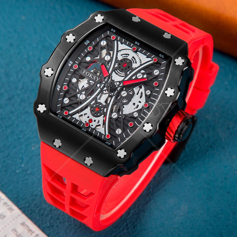 Tonneau Skeleton Automatic Mechanical Watch with Soft Silicone Strap 601-6-1005