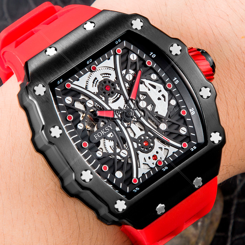 Tonneau Skeleton Automatic Mechanical Watch with Soft Silicone Strap 601-6-1005