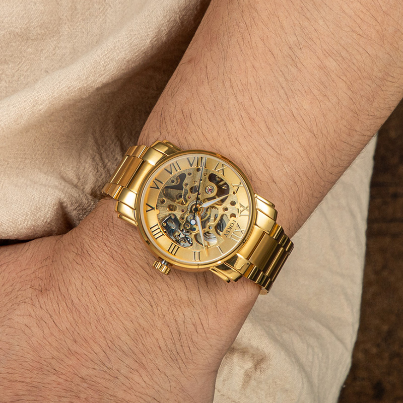 Gold Male Watches Skeleton Automatic Roman Numeral Watch 049‑6‑1002