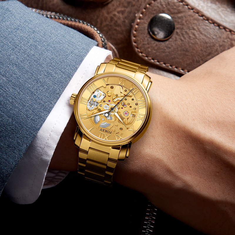 Gold Male Watches Skeleton Automatic Roman Numeral Watch 049‑6‑1002